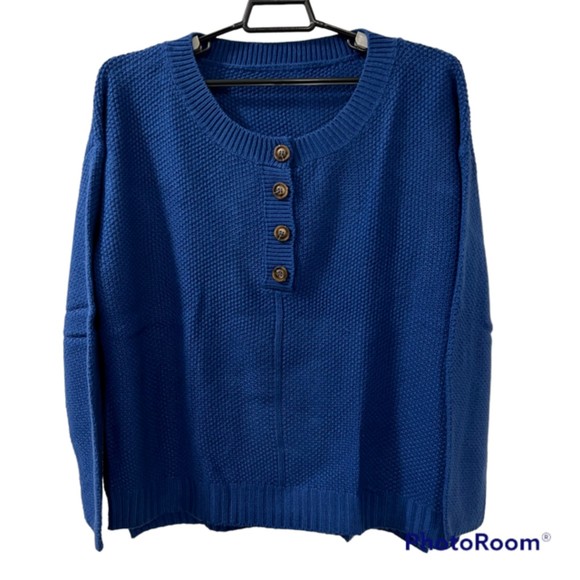 SHEIN Blue Round Neck Half Button Henley Knit Acrylic LS Sweater Pullover Sz M - Picture 1 of 10